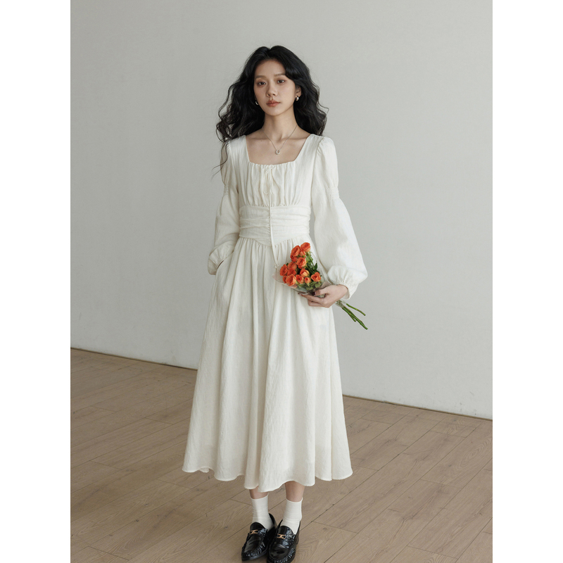 Spring Square-Neck Long-Sleeved Slimming Shirt Dress for Women with Linen 2026 New Style Gentle and Elegant Casual Long Dress