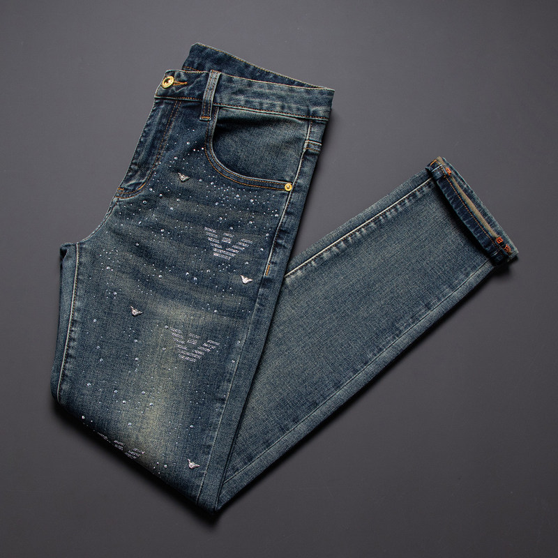 Men's Slim-Fit Rhinestone-Embellished Denim Jeans, New 2026 Summer Thin Stretch Cropped Pants Trendy Style