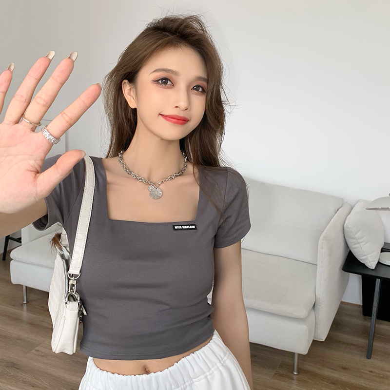 Clear! Original 49 Real Shot Summer Tight-Fitting Square Collar Short-Sleeved T-Shirt High-Waisted Short Navel-Baring Bottoming Shirt Top for Women
