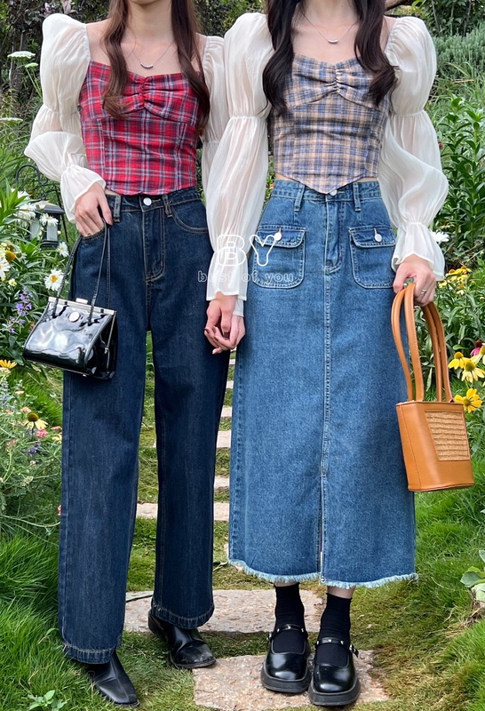 Qing K-Style of Ultra-Short Navel-Baring Sexy Sweet Plaid Splicing Puff Sleeves Lotus Root Long-Sleeved Square Collar Shirt Top T-Shirt