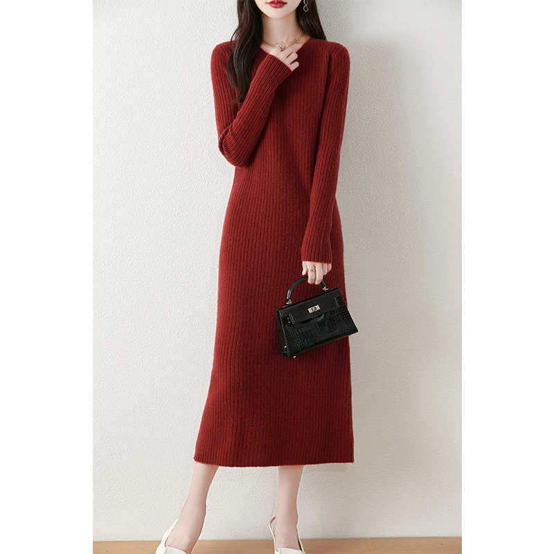High-End Elegant 100% Pure Wool Knitted Long Dress for Women, 2026 Autumn and Winter, Height-Enhancing and Slimming Long Sweater Dress