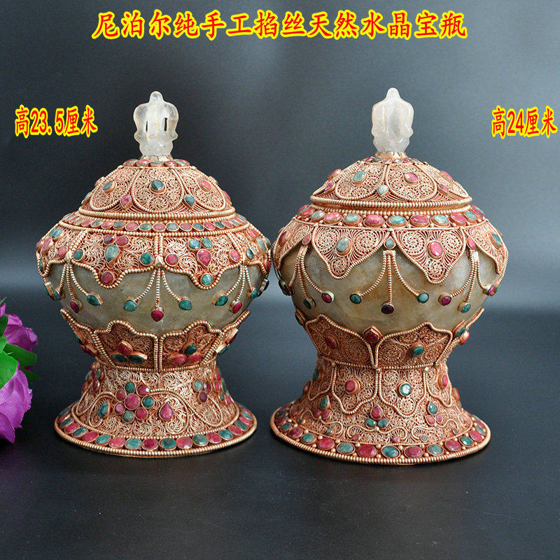 Nepal handmade filigree natural crystal gem pure copper treasure bottle God of Wealth bottle height 24 cm A