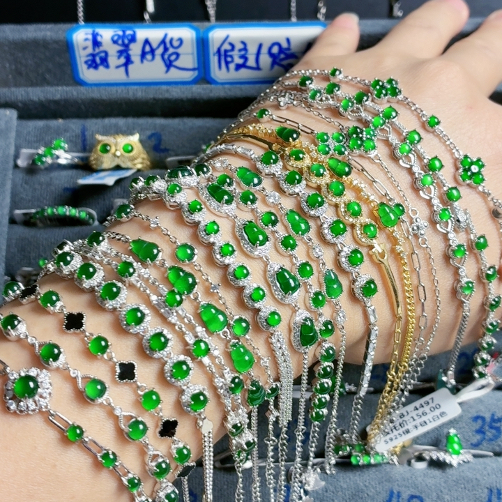 Guaranteed Genuine, Natural A-Grade Jadeite, 925 Silver Inlaid, Ice-Clear Imperial Green Jadeite, Full Green Gourd-Shaped Cabochon Bracelet