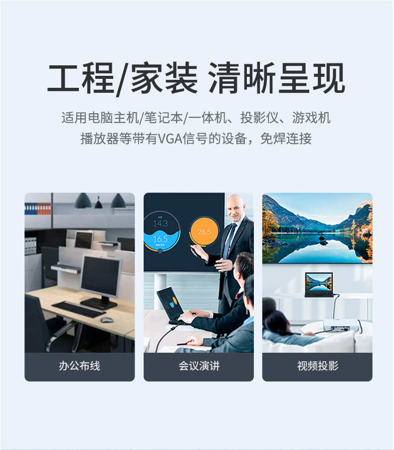 绿联vga免焊接头公3+6+9连接器3排15针DB15