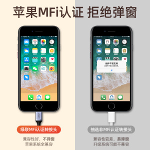 绿联耳机转接头7P/8mfi数据线iPhone12/11/promax扁头转圆头lightning接口3.5音频转换器适用于苹果se/Xr手机