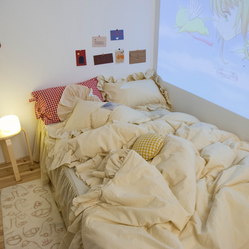 Milk Tea Wave ~ ins Girl Hearts Pure Cotton Washed Cotton Four Sets Full Cotton Linen Quilt with lotus leaf edge 1 5 1 8m