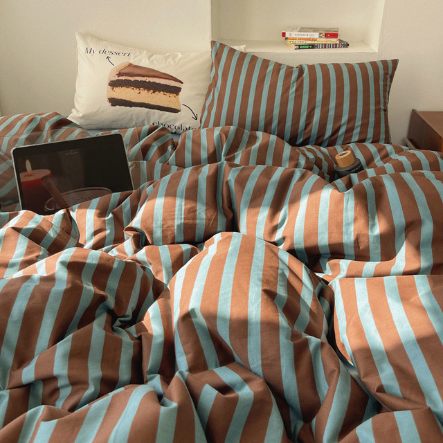 Li Meng Simple Blue Coffee Striped Pure Cotton Four-Piece Set Full Cotton Bed Sheet Bedding Single Door Bedding