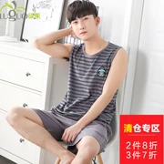 Bộ đồ ngủ màu xanh lá cây cho nam mùa hè cotton tay ngắn quần short thể thao mỏng nam mùa hè tay ngắn phục vụ nhà - Cha mẹ và con