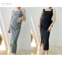 Maternity dress 2021 summer new sundress Korean version solid color slim-fit long dress spicy mom fashion temperament dress