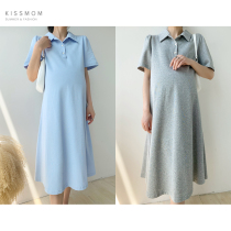 Maternity dress 2021 summer new dress Korean version loose short-sleeved long dress solid color lapel outside temperament skirt tide