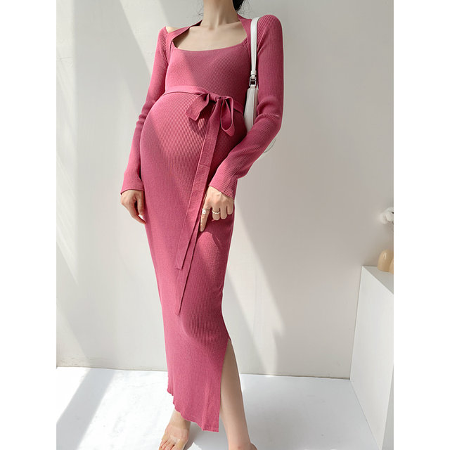 Pregnant women's dress holiday skirt 2022 spring and autumn slim skirt Korean style halter neck knitted skirt solid color bottoming temperament long skirt