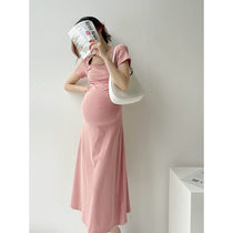 Pregnancy Maternity Dress Summer Dress Dress Up Dress Pregnancy Temperament Skirt Han Edition Pure Color Square Collar Short Sleeves Wear Long Skirt Woman Summer