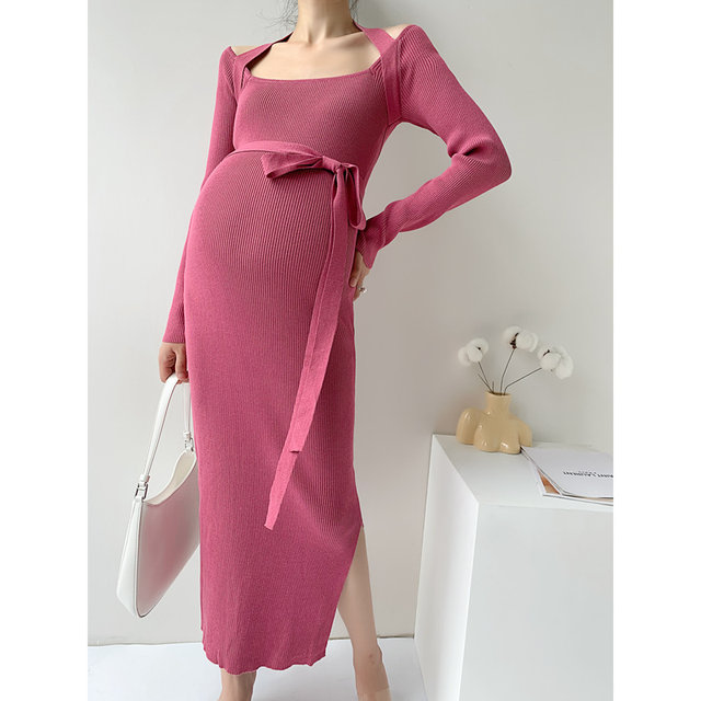 Pregnant women's dress holiday skirt 2022 spring and autumn slim skirt Korean style halter neck knitted skirt solid color bottoming temperament long skirt