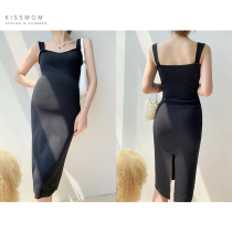 Maternity summer new dress Korean version of the long slim ice silk dress back split design temperament skirt tide mom