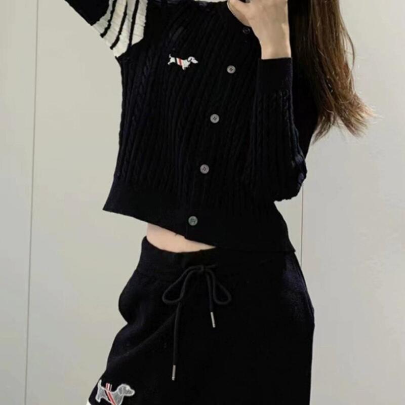 European Style Tb Puppy Four-Stripe Knit Cardigan and Sweatpants Casual Sportswear Set for Women, Loose Fit, Autumn and Winter Two-Piece Set
