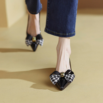 M L Monroe goddess private hide ~ genuine leather pointed butterfly knot single shoe woman retro lacquer leather wine red coarse heel shoe