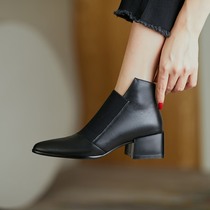 M L Monroe Genuine Leather Pointed Short Boots 2020 New 100 Hitch Winter Plus Suede Coarse Heel Women Shoes Naked Boots