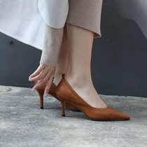 M L Monroe caramel color ~ genuine leather high heel shoes female cow leather with 100 hitch tip fine heel OL single shoe woman