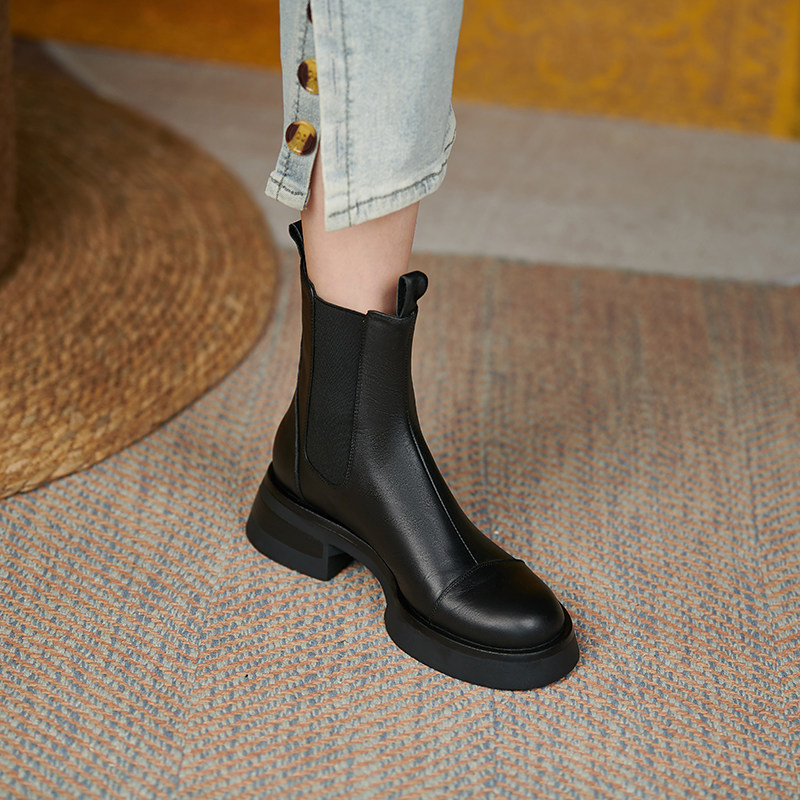 M L Monroe simple design ~ leather thick-soled Martin boots women's Chelsea chimney boots heightening ankle boots 5cm - Taobao