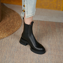 M L Monroe simple design ~ leather thick-soled Martin boots womens Chelsea chimney boots heightening ankle boots 5cm