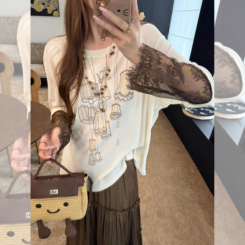 Zhang Seshi 8/19 “Twilight Elegance” Fashionable Fusion of Aesthetics Beige Lace Contrasting Print T-Shirt