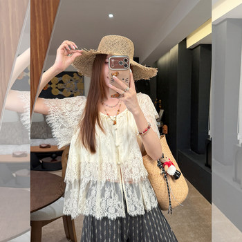 Zhang sese 5/13 ການສໍາພັດຂອງ tipsy. ຄວາມງາມຊັ້ນຂອງ lace. ເສື້ອຍືດຜ້າລູກໄມ້ຫຼາຍຊັ້ນ beige.