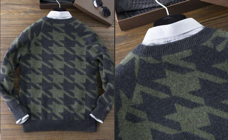 Áo len cashmere nam cổ tròn dày houndstooth set nửa cao áo len rộng mới kích thước lớn ấm áo dài tay áo đáy áo bomber