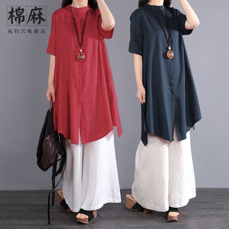 Single/Double Piece Set Women's Cotton Linen Shirt Mom's Summer Loose Plus-Size Mid-Length Short-Sleeve Shirt Wide-Leg Pants