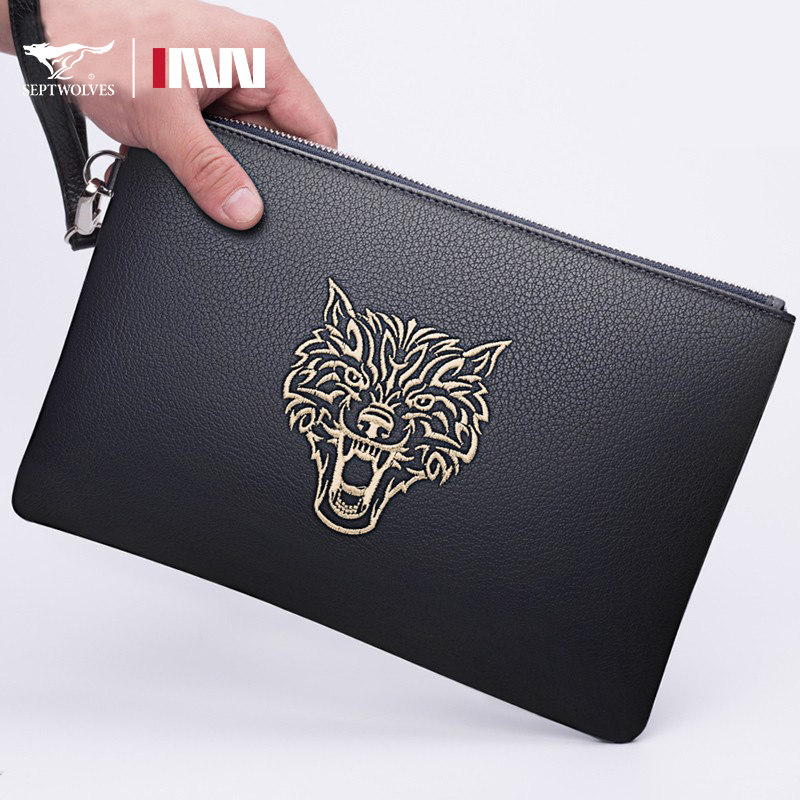Seven Wolves Men's Hands Covered Head Layer Bull Peel Wolf Totem Envelope Bag Casual Fashion Personality Kits Business Hand Grab Bag-Taobao