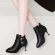 Cat Heel Shoes Women's Pointed Toe Leather 5cm 2024 Autumn and Winter New Style Stiletto High Heel Short Boots Versatile Single Boots Plus Velvet Mid Heel