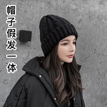 Hat wig one womens long curly hair winter New Fashion knitted hat Joker cute padded wig set