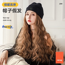 Wool wig with hat one fashion simulation trend wig womens long hair wool roll long curly hair autumn and winter