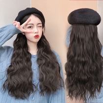 Wig women long hair wig hat one fashion women autumn and winter Net red beret water corrugated full head wig