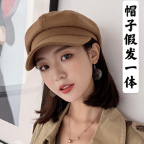 Maodon octagonal hat wig one shoulder short hair female autumn and winter Korean black retro Joker Duck Tongue Newsboy cap