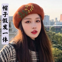 Hat wig integrated with long straight hair Inn comeback ancient autumn and winter 100 lap embroidery flowers wool beret wig cover