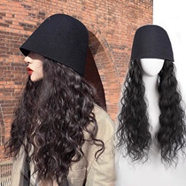 Hat wig one wool roll long curly hair fashion Korean autumn and winter wool tweed bucket hat full head wig