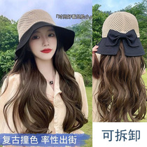 Hat Wig Woman Long Hair Summer Hollowed-out Fisherman Cap Detachable Long Curly Hair Stylish 100 Hitch Natural Full Head Cover