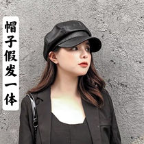 Hat wig one long curly hair female autumn and winter Joker Net red soft sister puleather hat retro octagonal hat wig set