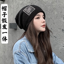 Pile hat wig one medium long curly hair female autumn and winter Korean version of Joker Net red wool hat knitted hat warm hat