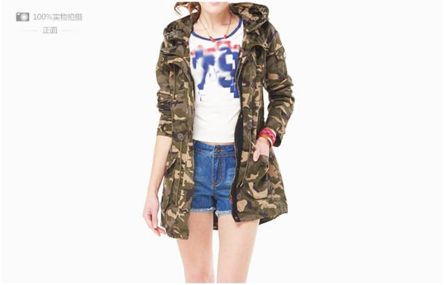 Camouflage windbreaker women's genuine Tongle autumn hooded mid-length zipper jacket for women