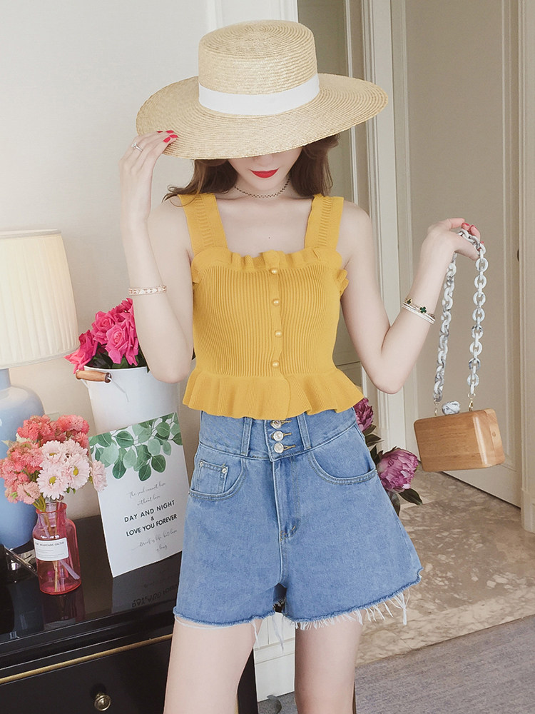 Giấc mơ mơ mộng gỗ ngọt ngào tai thiết kế băng lụa đan mỏng đoạn ngắn mặc rộng yếm nữ không tay áo sơ mi