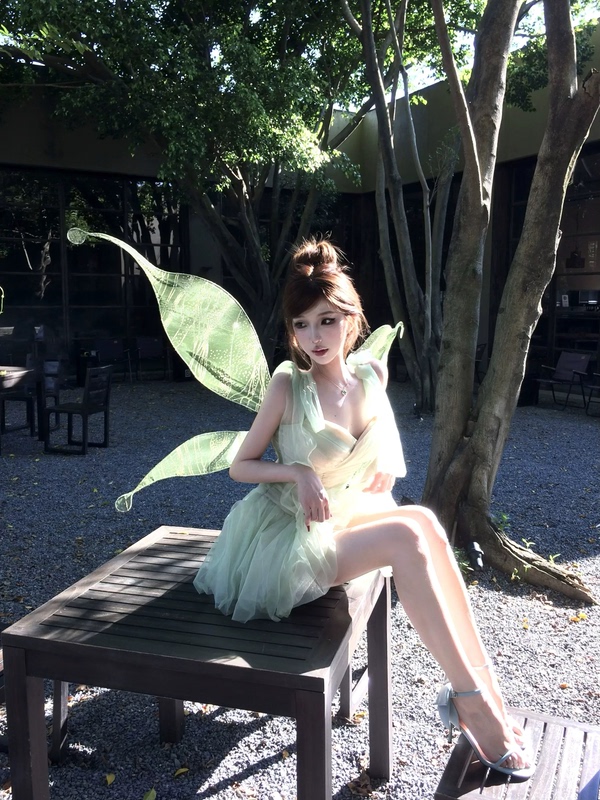 Halloween Tinkerbell Fairy Cosplay Costume Dress Dreamy Green Fairy Mesh Short Skirt
