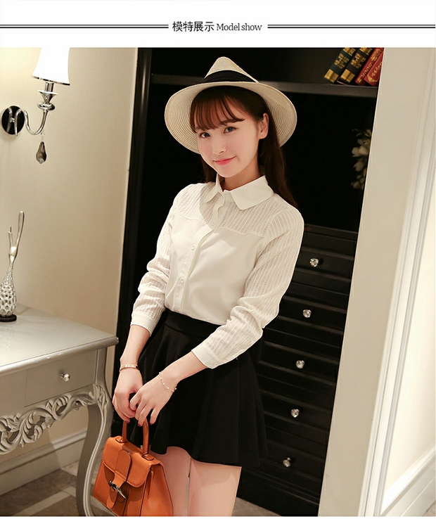 Xuân 2019 mới Han Fan cổ nhỏ búp bê tươi khâu cổ áo dài tay hoang dã áo cotton trắng áo công sở nữ