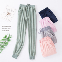 Autumn and winter flannel pajamas Womens thin drawstring foot closure small feet mens loose casual couple home pants island velvet