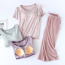 Comfortable Modal Ladies Capri pants Home Clothes Short Sleeve Set Summer Stripes Can Wear Outside Pajamas Women