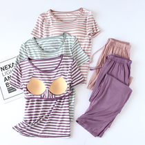 New short-sleeved trousers home wear female summer thin pullover sports can wear modal with chest pad pajamas
