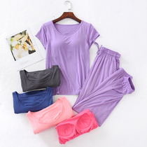 Modal short sleeve trousers closing pajamas women Summer with chest pad free bra thin large size loose home suit set