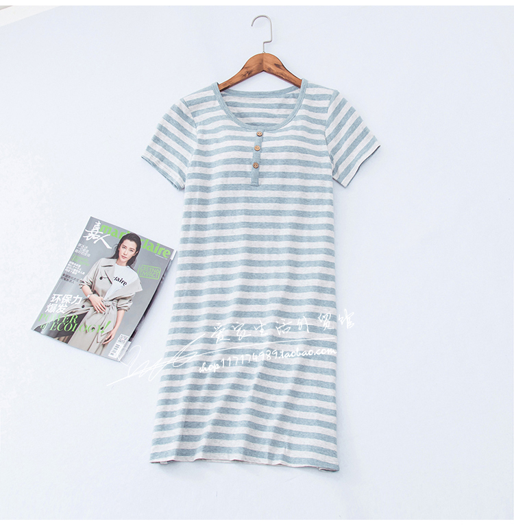 Với ngực pad nightdress miễn phí áo ngực ngắn nửa tay áo bông đồ ngủ mùa xuân sọc lỏng đoạn dài nightdress nữ mùa hè bông