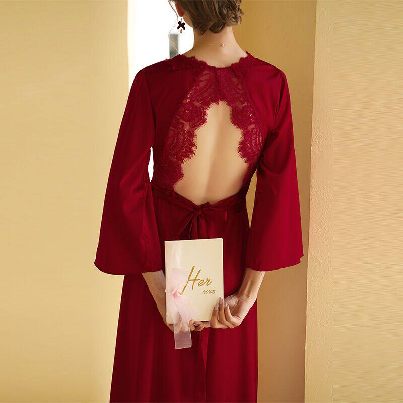 Wedding nightgown red long version high-quality French lace backless makeup married satin pajamas dressing gown bride