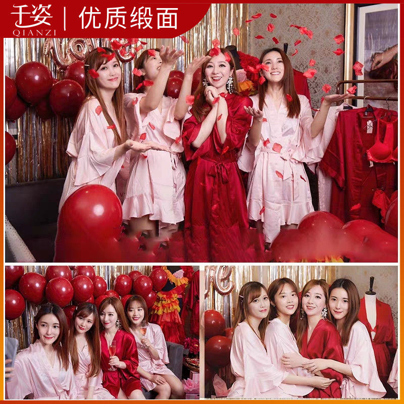 Dressing gown female bride custom bridesmaid group nightgown boudoir sweetheart pajamas lie down wedding gift wedding red bathrobe summer